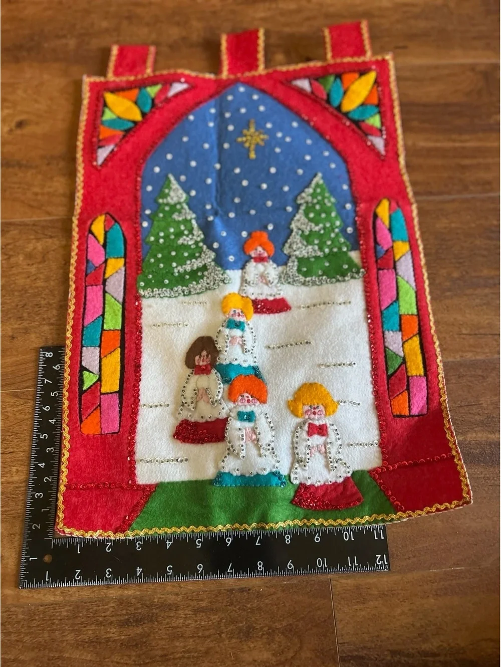 Vintage Handmade Felt Christmas Wall Hanging with Beaded Choir Scene